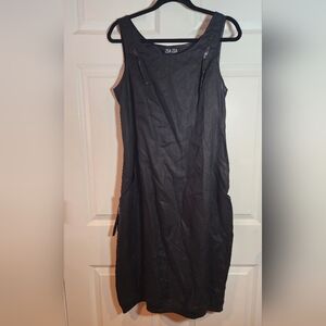 Zsa Zsa Black Sleeveless 100% Linen Midi Dress Pockets Unique Rare M